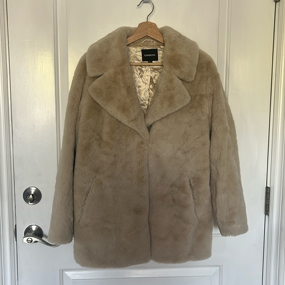 Express beige faux fur coat size small